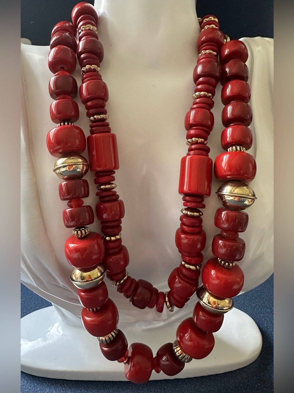 CHAPS Signed Chunky Red & Gold Double Strand Beaded Necklace, Gold Toggle Clasp